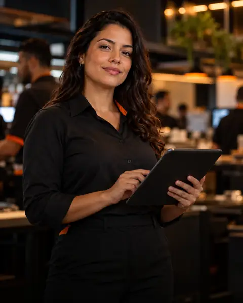 Colaboradora de uma operação com várias unidades usando um tablet